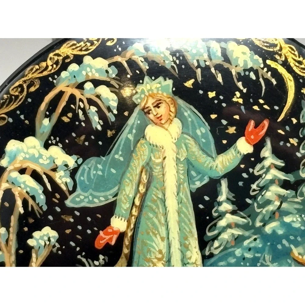 Vintage Ethnic Lacquer Brooch Pin Snow Maiden Fairy Princess Wood Hand Painted